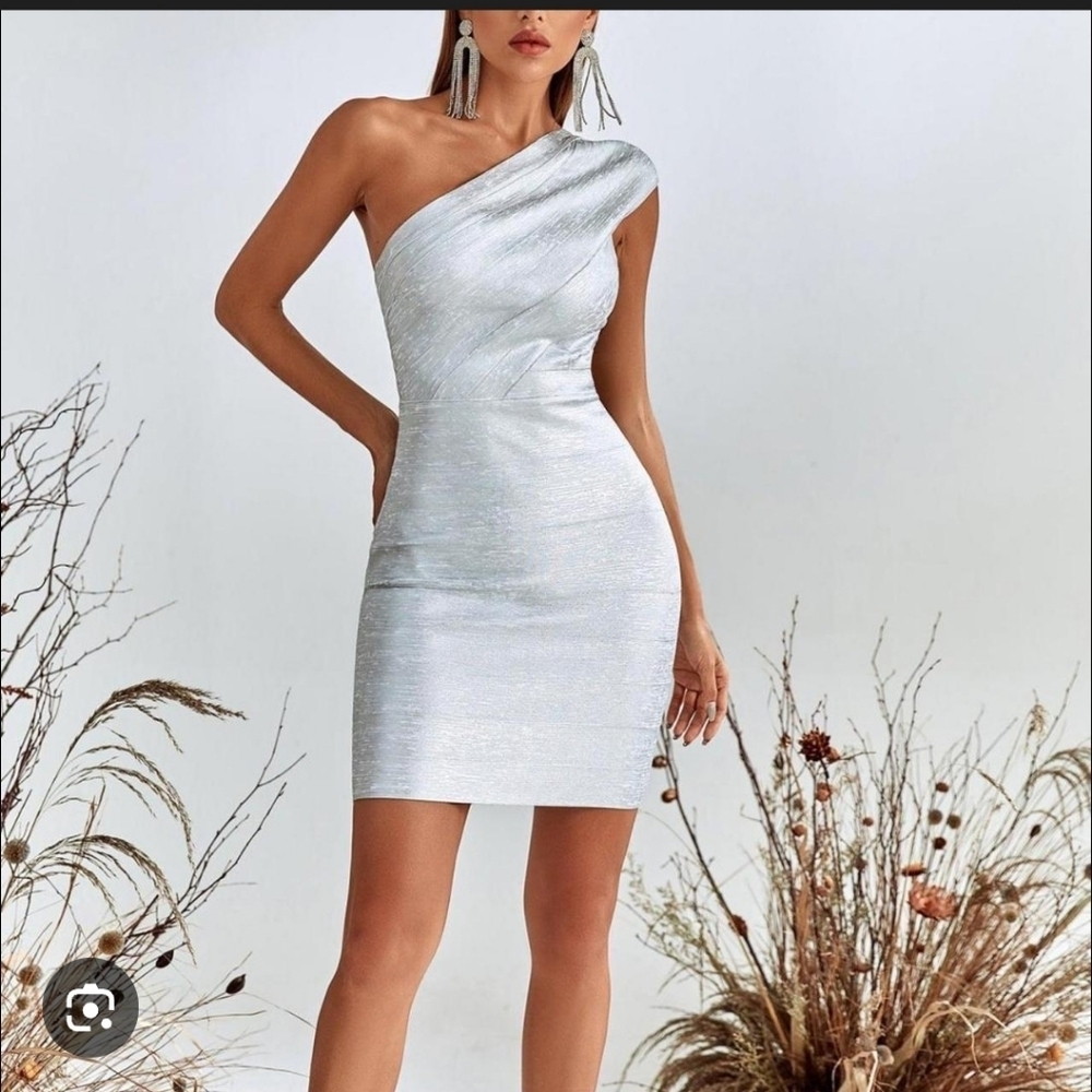 NWT Bella Barnett Silver One Shoulder Bodycon Mini Dress XS